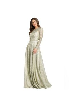 Mac Duggal Long-Sleeve Light Sage Green Sequin Evening Gown
